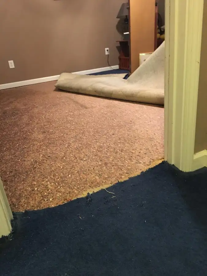 Carpet pad removal revealing water damage during Drying & Dehumidification in Luzerne